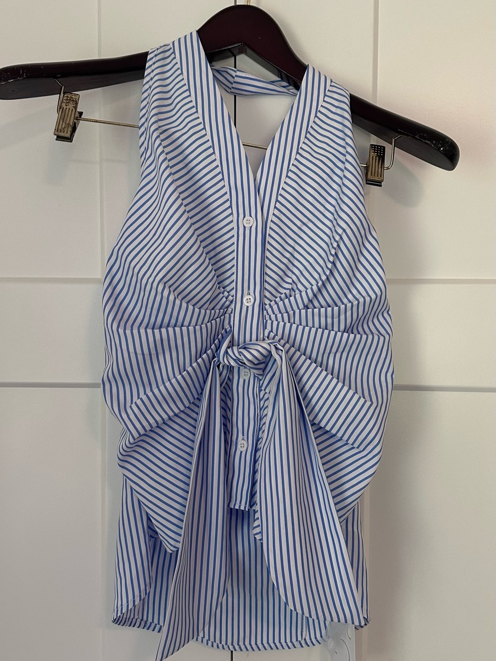 Commense Blue and White Striped Tie-Front Halter NWT M